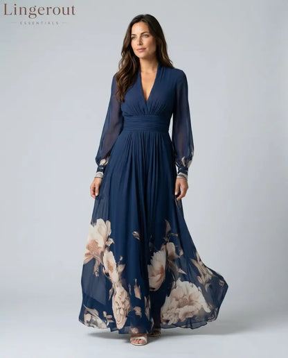 Pleated Sheer Sleeve Navy Maxi Dress - Navy / S - Maxi Dress