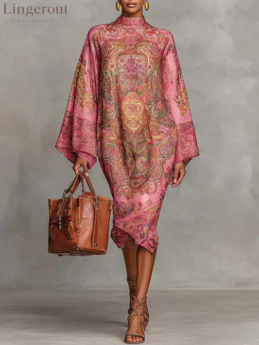 Plus Size Urban Paisley Printing Midi Dress - Pink / XS
