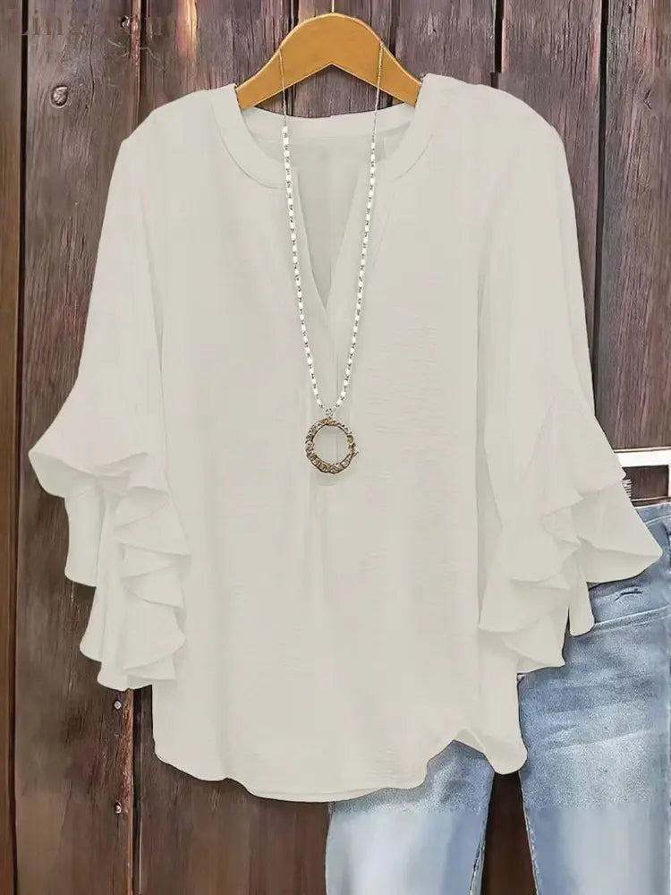 🍃 Plus Size Women’s Floral V-Neck Blouse | Flowy Ruffled Sleeve Top for Arm & Tummy Flattering | Lightweight Casual