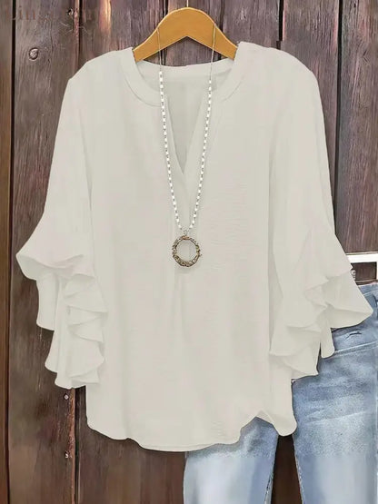 🍃 Plus Size Women’s Floral V-Neck Blouse | Flowy Ruffled Sleeve Top for Arm & Tummy Flattering | Lightweight Casual