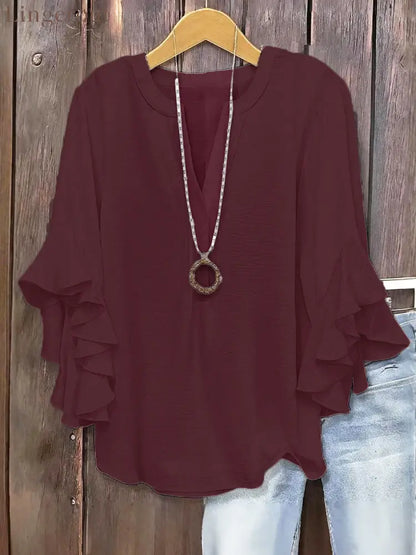 🍃 Plus Size Women’s Floral V-Neck Blouse | Flowy Ruffled Sleeve Top for Arm & Tummy Flattering | Lightweight Casual