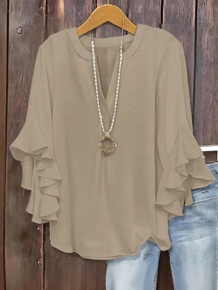 🍃 Plus Size Women’s Floral V-Neck Blouse | Flowy Ruffled Sleeve Top for Arm & Tummy Flattering | Lightweight Casual