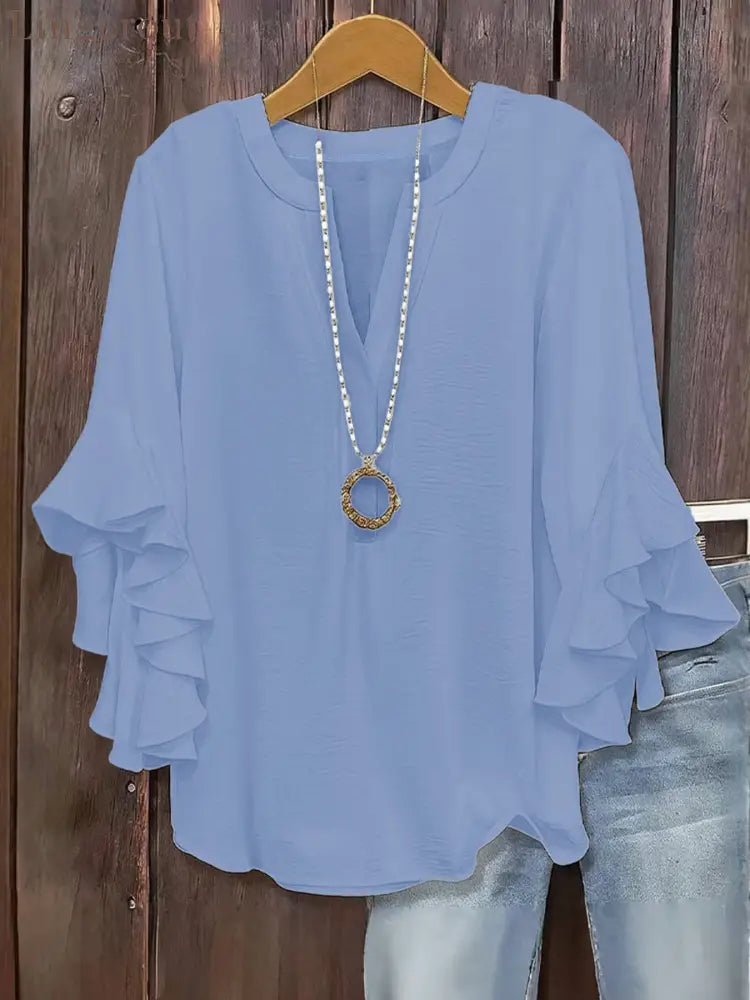 🍃 Plus Size Women’s Floral V-Neck Blouse | Flowy Ruffled Sleeve Top for Arm & Tummy Flattering | Lightweight Casual