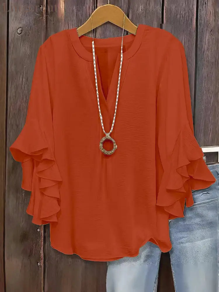 🍃 Plus Size Women’s Floral V-Neck Blouse | Flowy Ruffled Sleeve Top for Arm & Tummy Flattering | Lightweight Casual