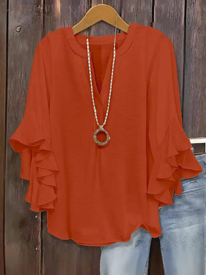 🍃 Plus Size Women’s Floral V-Neck Blouse | Flowy Ruffled Sleeve Top for Arm & Tummy Flattering | Lightweight Casual