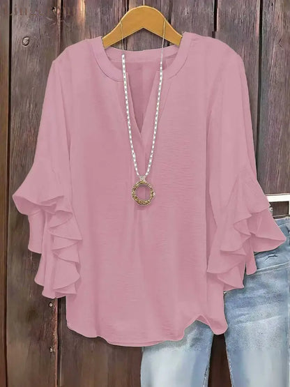 🍃 Plus Size Women’s Floral V-Neck Blouse | Flowy Ruffled Sleeve Top for Arm & Tummy Flattering | Lightweight Casual