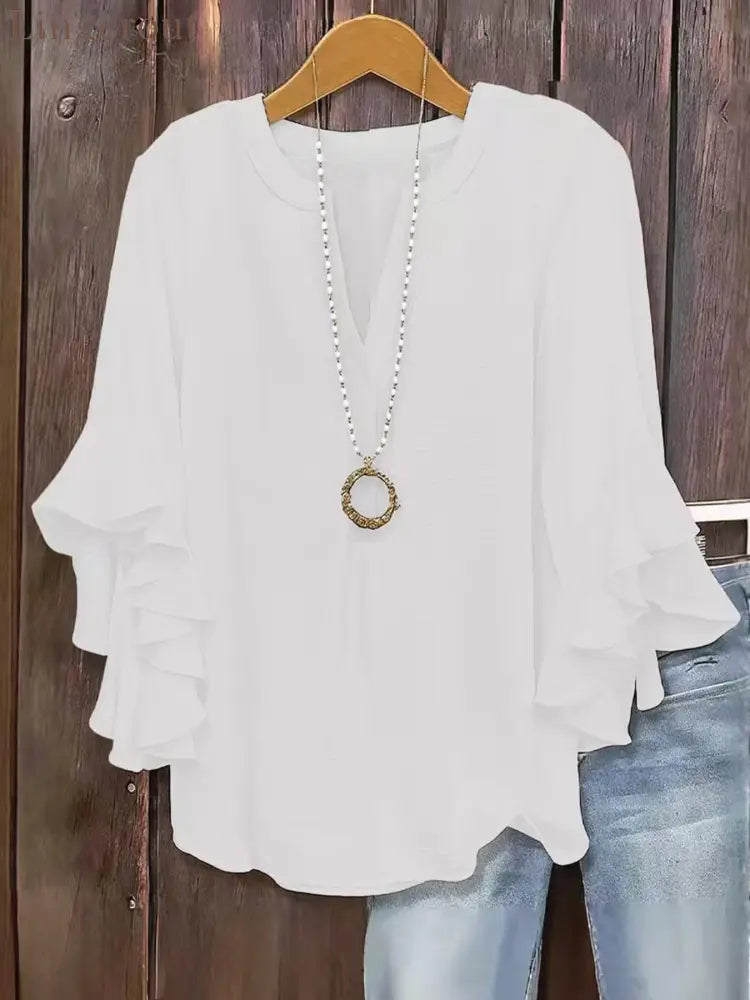 🍃 Plus Size Women’s Floral V-Neck Blouse | Flowy Ruffled Sleeve Top for Arm & Tummy Flattering | Lightweight Casual