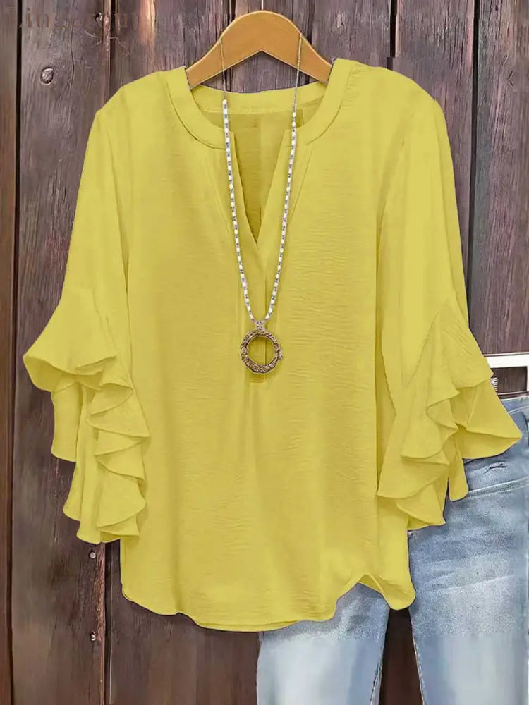 🍃 Plus Size Women’s Floral V-Neck Blouse | Flowy Ruffled Sleeve Top for Arm & Tummy Flattering | Lightweight Casual