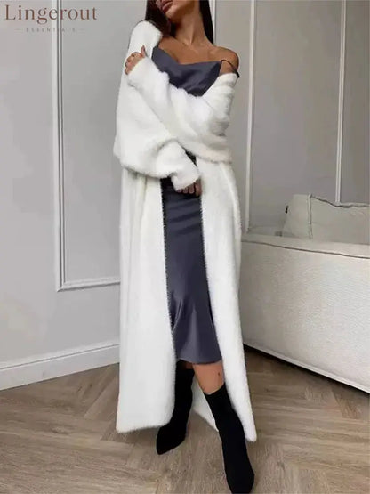 Plush fluffy autumn and winter loose coat women’s long cardigan imitation mink white knitted cardigan - 01 White / L