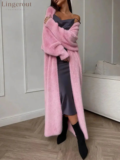 Plush fluffy autumn and winter loose coat women’s long cardigan imitation mink white knitted cardigan - 02 Pink / L