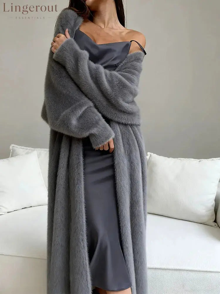 Plush fluffy autumn and winter loose coat women’s long cardigan imitation mink white knitted cardigan - 06 Grey / L