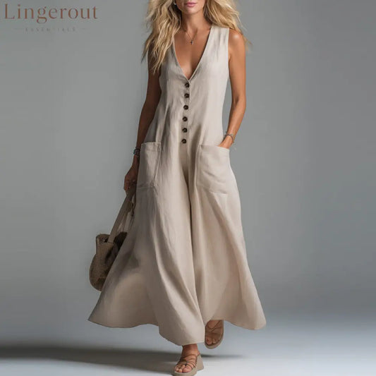 Pocket Deep V-Neck Solid Color Casual Dress - Apricot / S