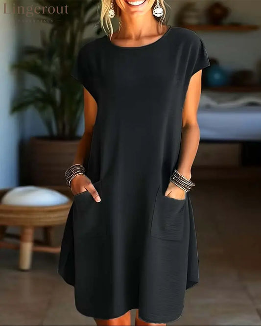 Pocket Detail Round Neck Short Sleeve Dress - Black / S