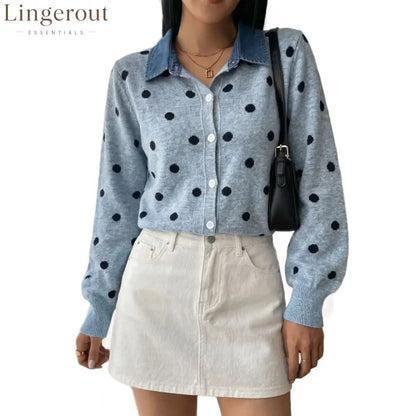 Polka Dot Denim Collar Cardigan