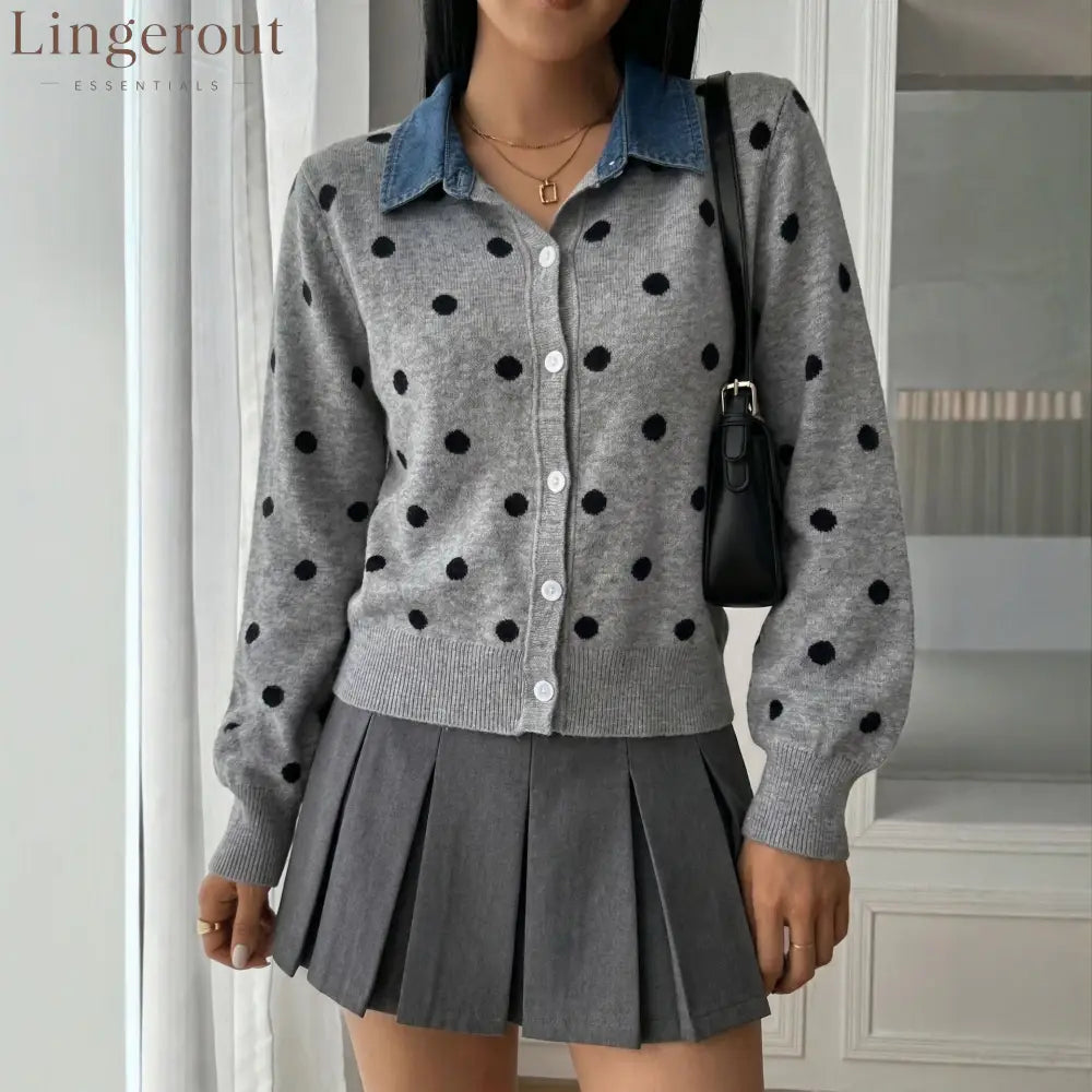 Polka Dot Denim Collar Cardigan