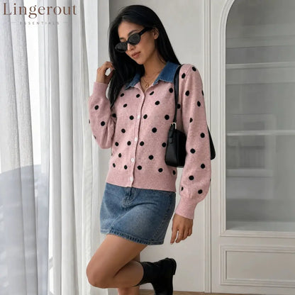 Polka Dot Denim Collar Cardigan