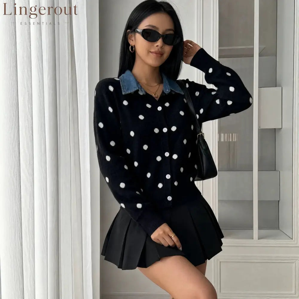 Polka Dot Denim Collar Cardigan