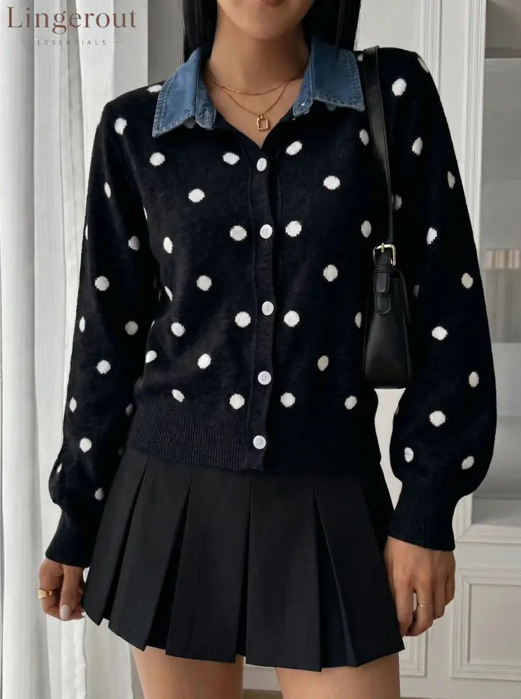 Polka Dot Denim Collar Cardigan - Black / S