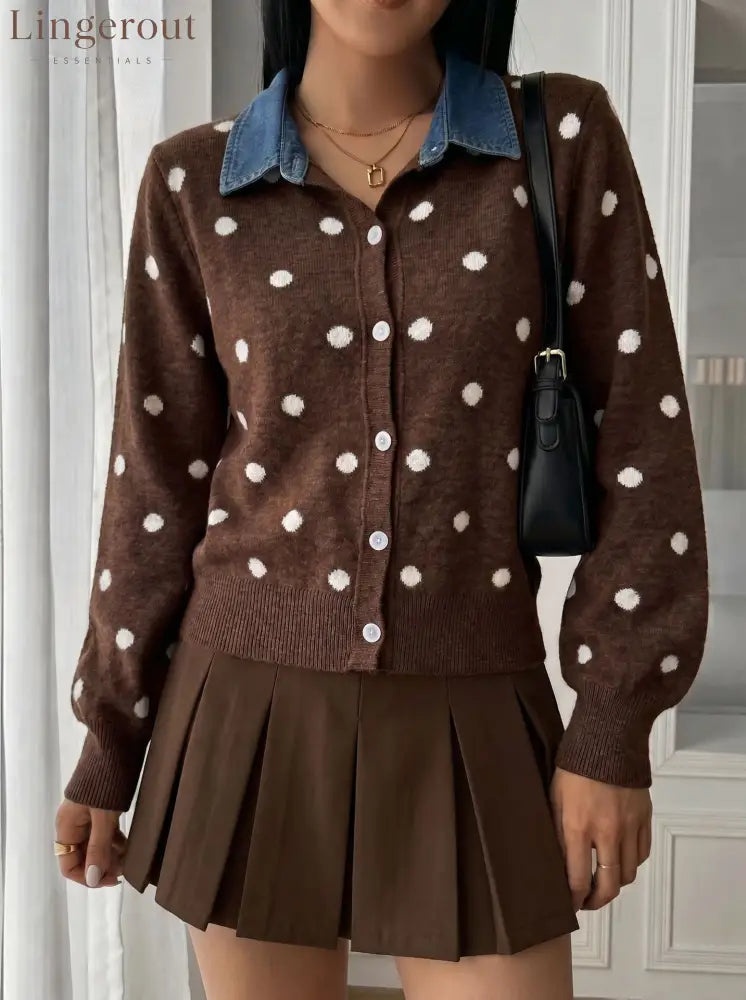 Polka Dot Denim Collar Cardigan - Chocolate / S