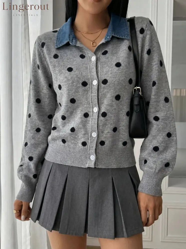 Polka Dot Denim Collar Cardigan - Grey / S