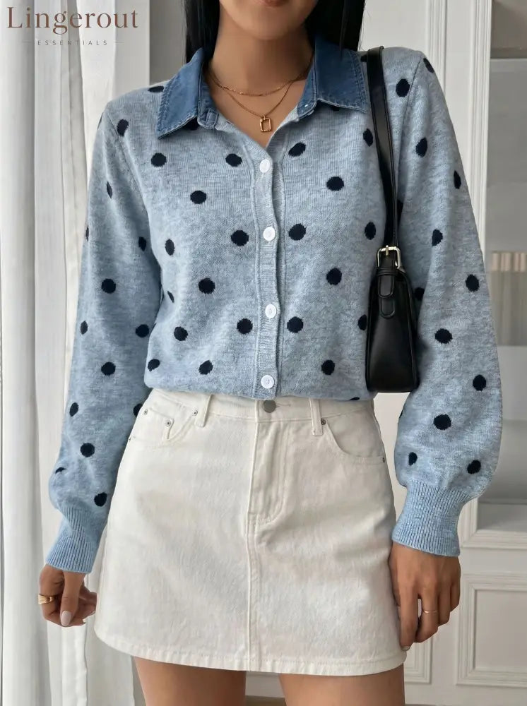 Polka Dot Denim Collar Cardigan - Light blue / S
