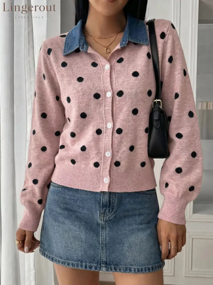 Polka Dot Denim Collar Cardigan - Pink / S