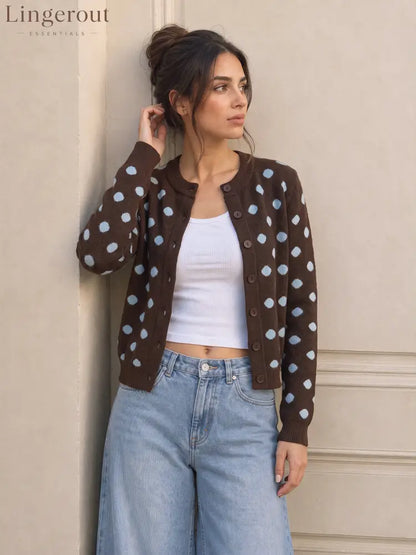 Polka‑Dot Long‑Sleeve Knit Cardigan - Dark Brown / S - Cardigans
