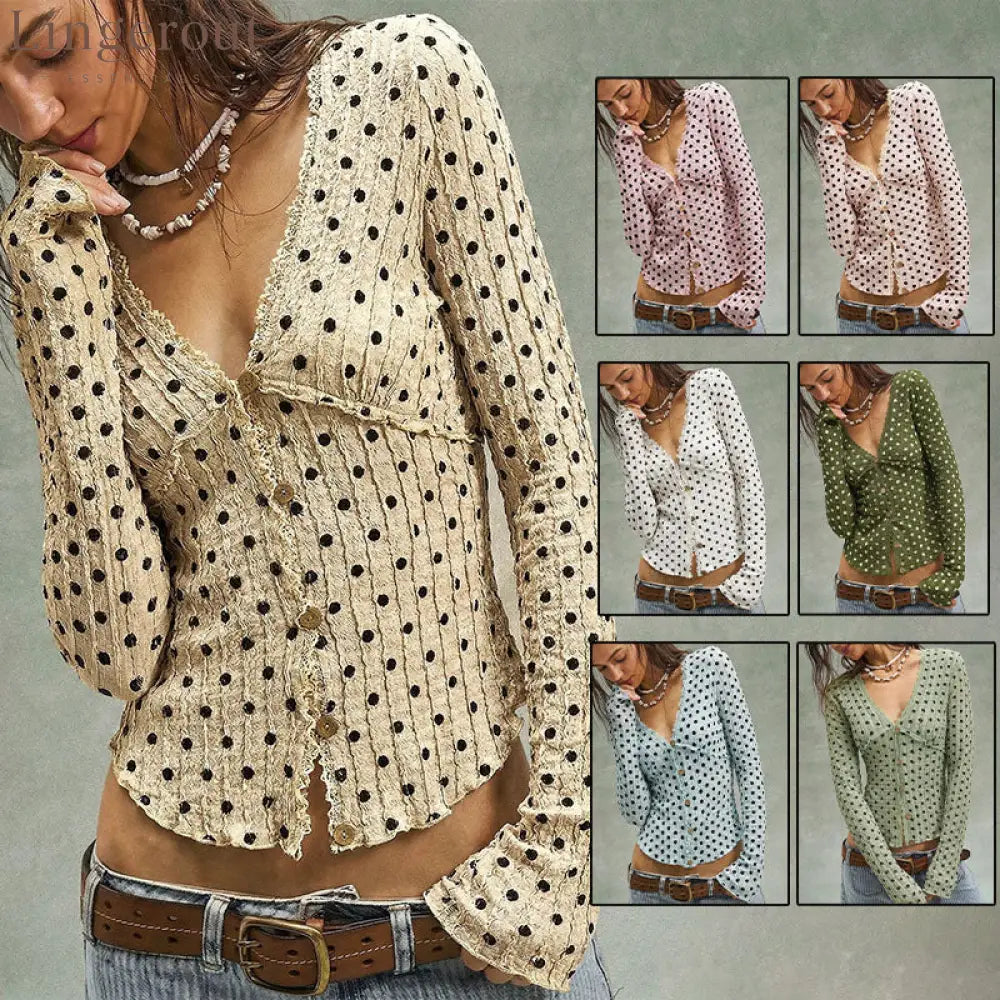 Polka Dot Ruffle V-Neck Top