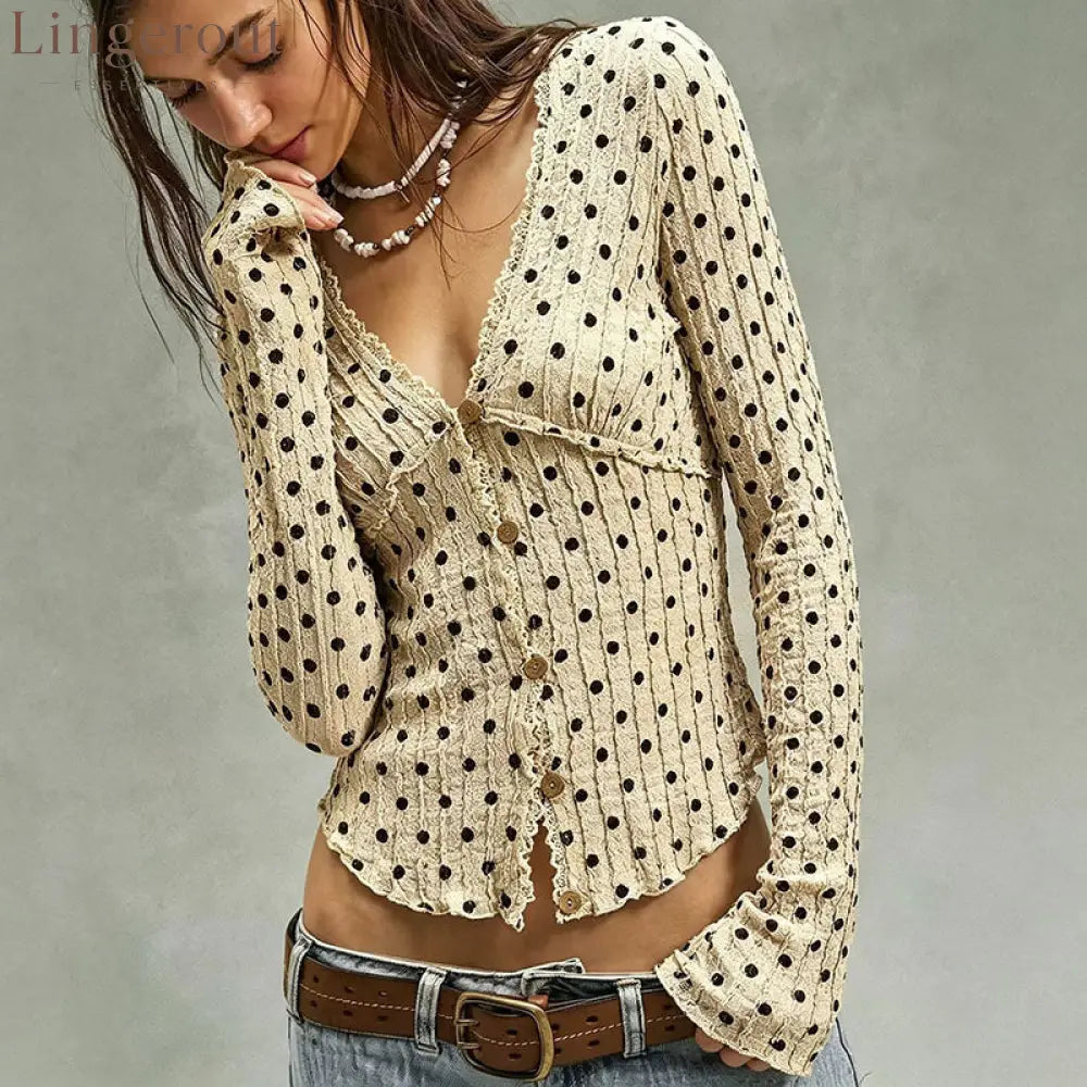 Polka Dot Ruffle V-Neck Top
