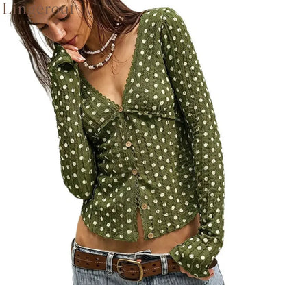 Polka Dot Ruffle V-Neck Top