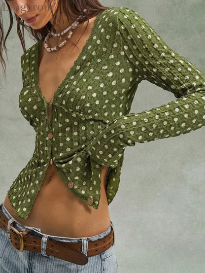 Polka Dot Ruffle V-Neck Top - Grass green / S