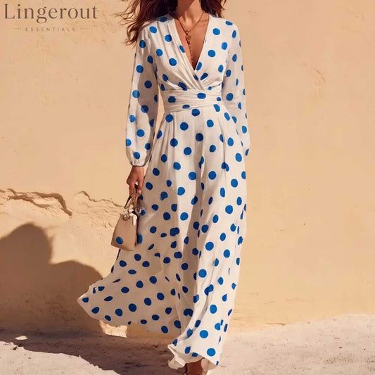 Polka Dot Wrap V-Neck Long Sleeve Maxi Dress