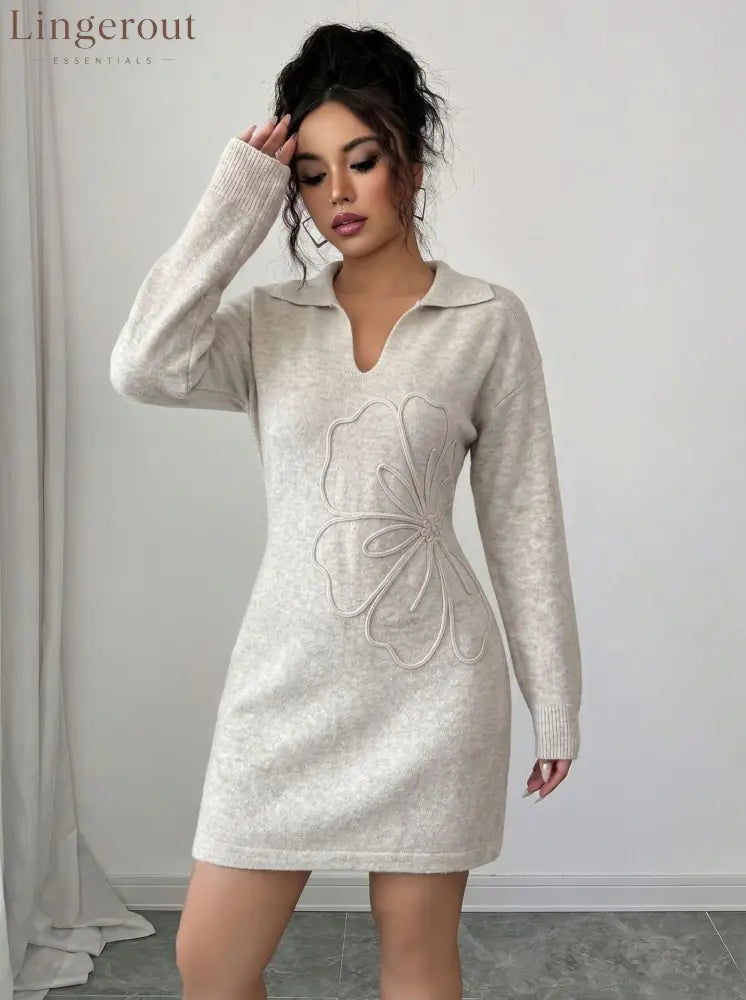 Polo Collar 3D Floral Embroidery Knit Mini Dress