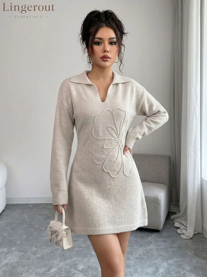 Polo Collar 3D Floral Embroidery Knit Mini Dress