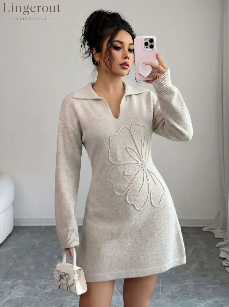 Polo Collar 3D Floral Embroidery Knit Mini Dress