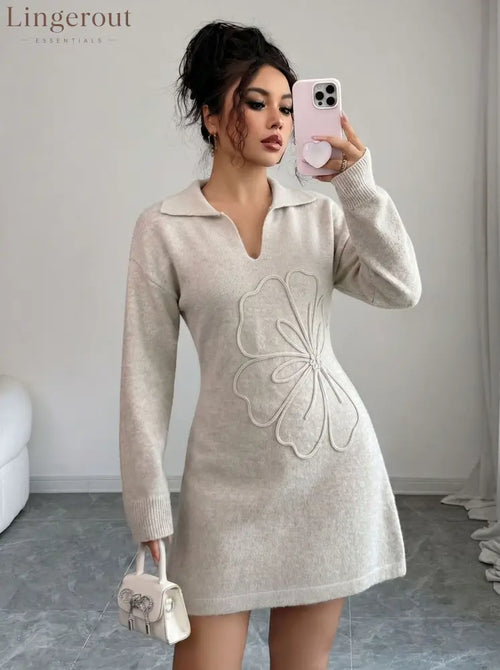 Polo Collar 3D Floral Embroidery Knit Mini Dress