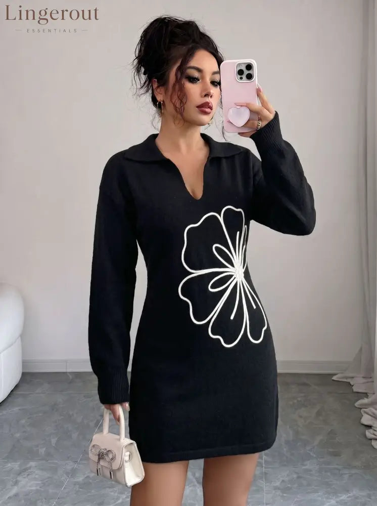 Polo Collar 3D Floral Embroidery Knit Mini Dress