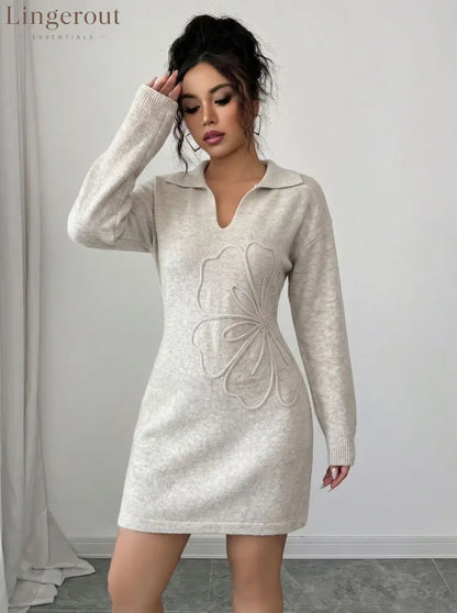 Polo Collar 3D Floral Embroidery Knit Mini Dress - Off-white / S