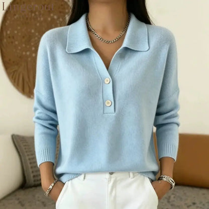 Polo Collar Half Button Fine Knit Long Sleeve Sweater