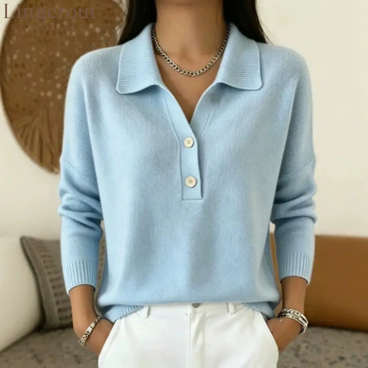 Polo Collar Half Button Fine Knit Long Sleeve Sweater