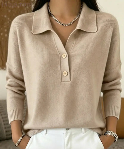 Polo Collar Half Button Fine Knit Long Sleeve Sweater - Apricot / S