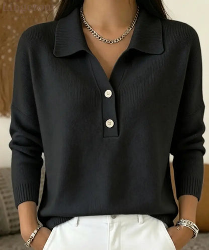 Polo Collar Half Button Fine Knit Long Sleeve Sweater - Black / S