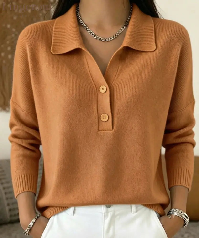 Polo Collar Half Button Fine Knit Long Sleeve Sweater - Brown / S