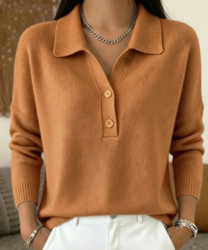 Polo Collar Half Button Fine Knit Long Sleeve Sweater - Brown / S