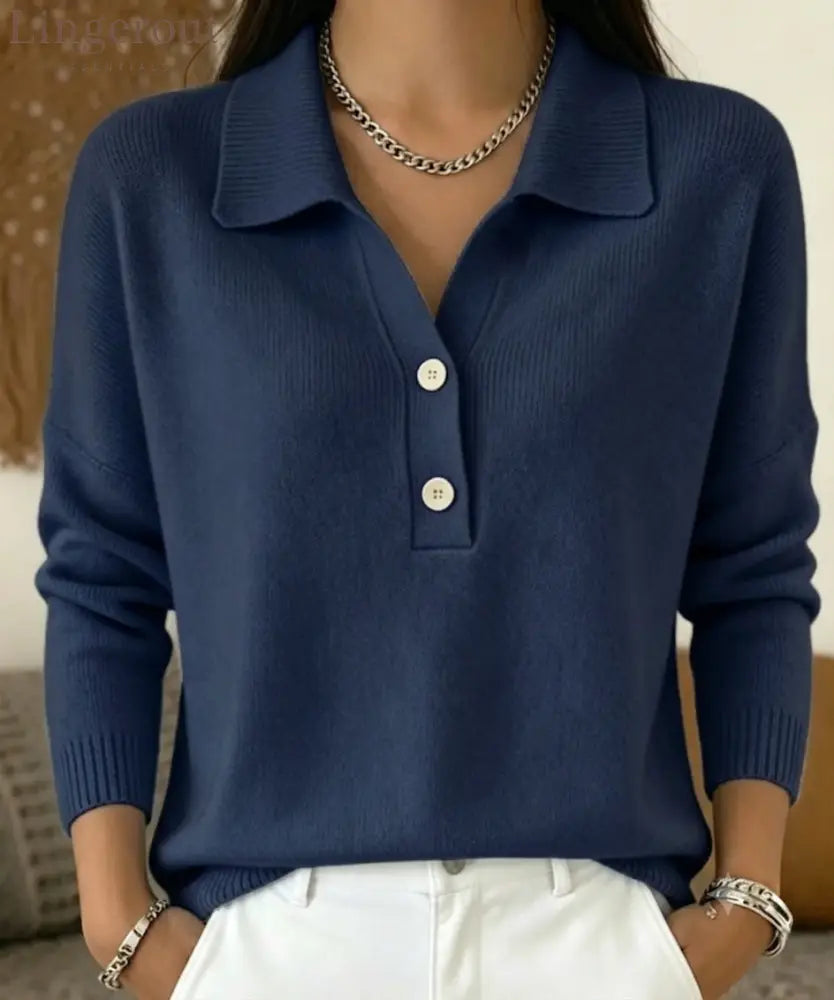 Polo Collar Half Button Fine Knit Long Sleeve Sweater - Dark blue / S