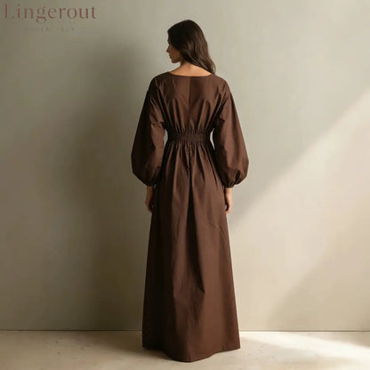 Poplin Split V Balloon Sleeve Smocked Waist Maxi Dress