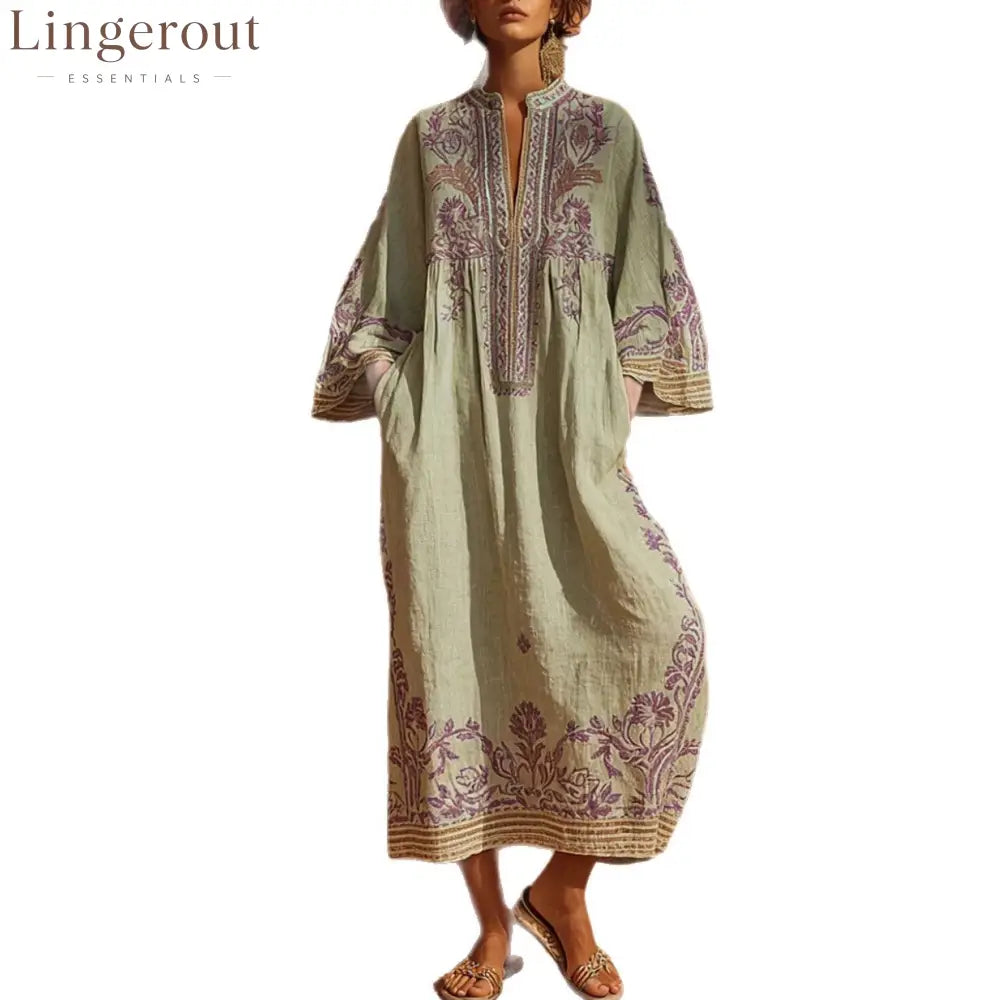 Premium Embroidered Linen-Blend Kaftan Maxi Dress