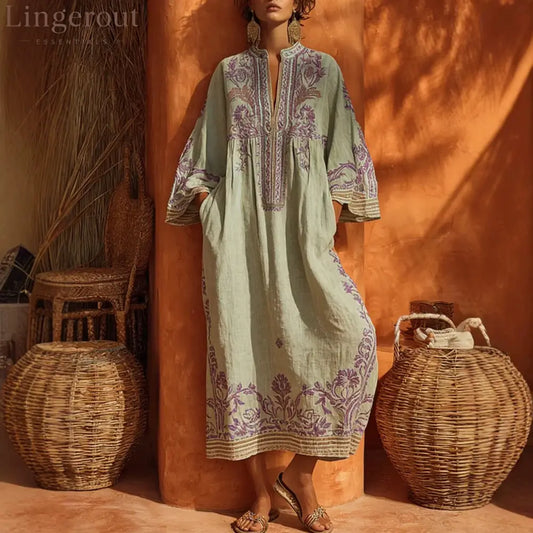 Premium Embroidered Linen-Blend Kaftan Maxi Dress - Light green / S