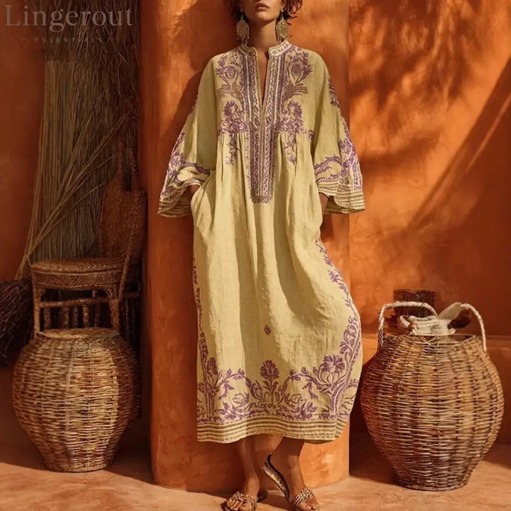 Premium Embroidered Linen-Blend Kaftan Maxi Dress - Light yellow / S