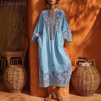 Premium Embroidered Linen-Blend Kaftan Maxi Dress - Sky blue / S
